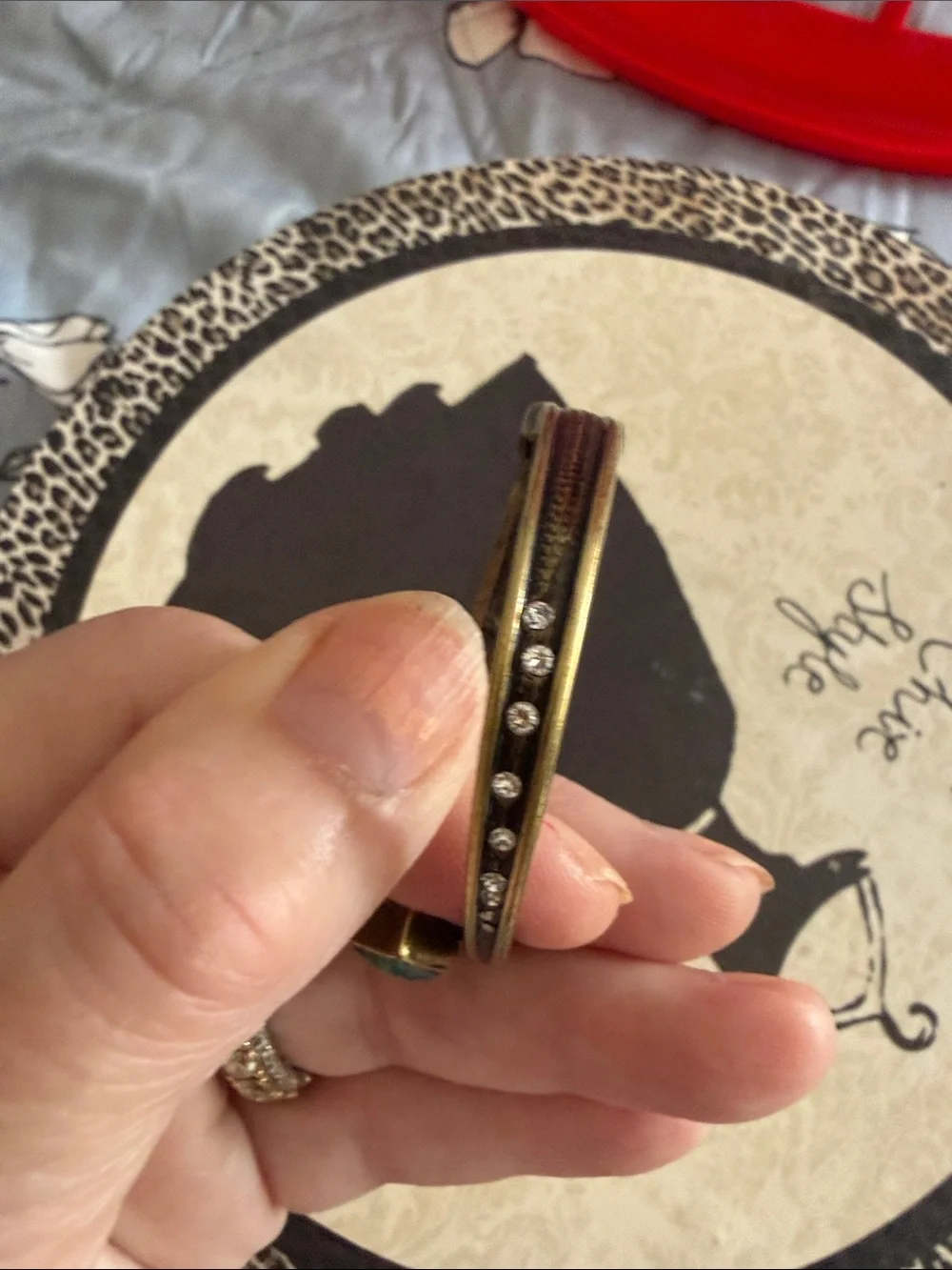 Vintage RG JM Gold Tone Bangle with Emerald Green Stone and many clear stones